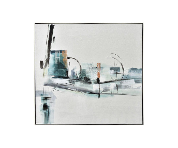 Abstract Fjords Oil Painting in Blue/Multi features dynamic broad strokes and expressive lines suggesting motion and depth on a white background. Framed with a sleek thin black border, this contemporary artwork embodies the essence of Scandinavian wall art, making it an exquisite addition to your space.