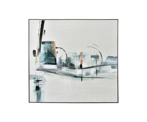 Abstract Fjords Oil Painting in Blue/Multi features dynamic broad strokes and expressive lines suggesting motion and depth on a white background. Framed with a sleek thin black border, this contemporary artwork embodies the essence of Scandinavian wall art, making it an exquisite addition to your space.
