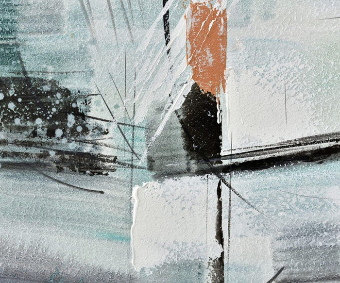 The Abstract Fjords Oil Painting showcases textured layers in white, teal, and black, highlighted by a central orange-brown rectangle, splattered dots, and bold intersecting dark lines—an exceptional piece of contemporary art that infuses striking Scandinavian wall art style into any space.