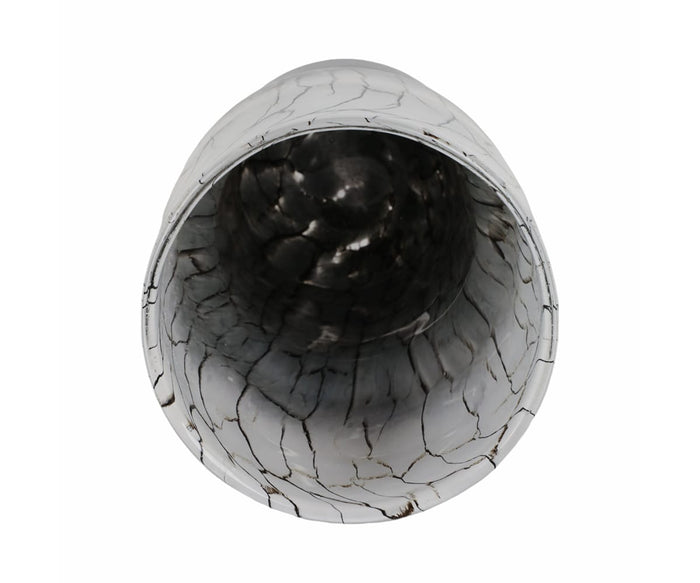 Top view of the Abstract Vase with Veining, showcasing its round ceramic form with a crackled white and gray glaze pattern, a dark textured interior, and a refined matte finish.