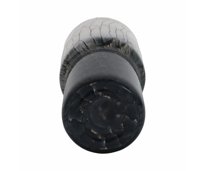 A close-up view of the Abstract Vase with Veining, a black and gray cylindrical piece featuring a glossy, crackled surface pattern that reflects hand-finished glass craftsmanship, photographed against a white background.