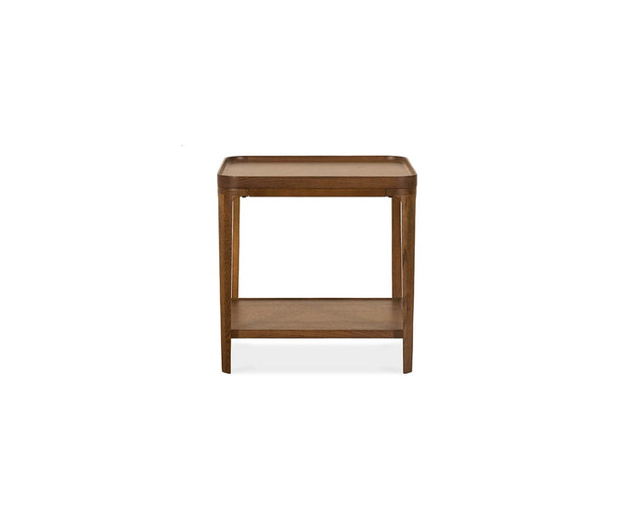 Here is the revised sentence using your product data: The Aden End Table in Aden Oak features a square top, open sides, and a lower shelf, all displayed against a plain white background.