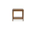 Here is the revised sentence using your product data: The Aden End Table in Aden Oak features a square top, open sides, and a lower shelf, all displayed against a plain white background.
