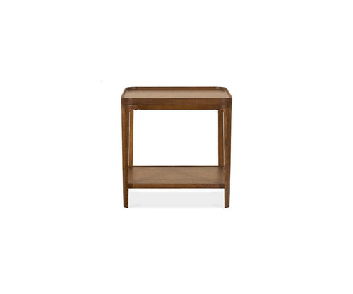 Here is the revised sentence using your product data: The Aden End Table in Aden Oak features a square top, open sides, and a lower shelf, all displayed against a plain white background.