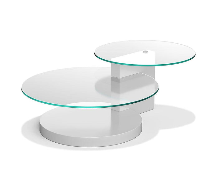 The Adria Coffee Table features a modern design with two round tempered glass surfaces at varying heights, supported by a sleek vertical panel and base in a white high gloss finish.