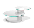 The Adria Coffee Table features a modern design with two round tempered glass surfaces at varying heights, supported by a sleek vertical panel and base in a white high gloss finish.