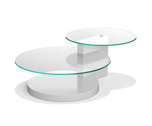 The Adria Coffee Table features a modern design with two round tempered glass surfaces at varying heights, supported by a sleek vertical panel and base in a white high gloss finish.