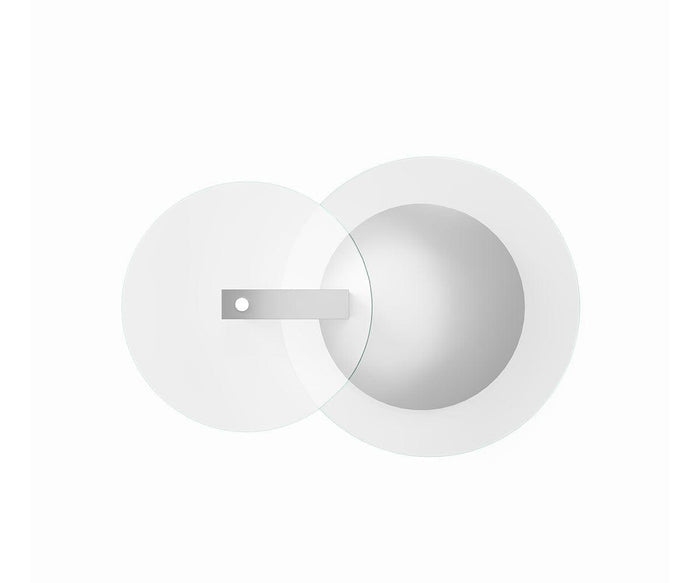 Minimalist abstract design featuring two overlapping translucent white circles—one accented with a metallic bar and a small circular cutout—set against a crisp white background, reflecting the refined tempered glass aesthetic characteristic of the Adria Coffee Table.