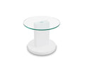A modern round glass tabletop defines the Adria End Table, showcasing its contemporary design with a central white high gloss rectangular support and a circular white high gloss base, set against a plain white background.