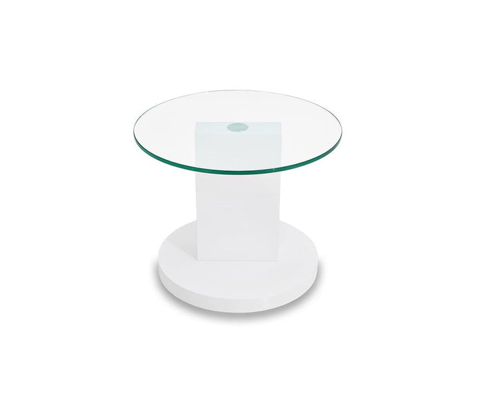 Introducing the Adria End Table—a sleek, modern round side table with a glass tabletop, supported by a white rectangular pedestal and circular base. Set against a plain white background, this piece is a perfect example of contemporary design.