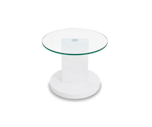 Introducing the Adria End Table—a sleek, modern round side table with a glass tabletop, supported by a white rectangular pedestal and circular base. Set against a plain white background, this piece is a perfect example of contemporary design.
