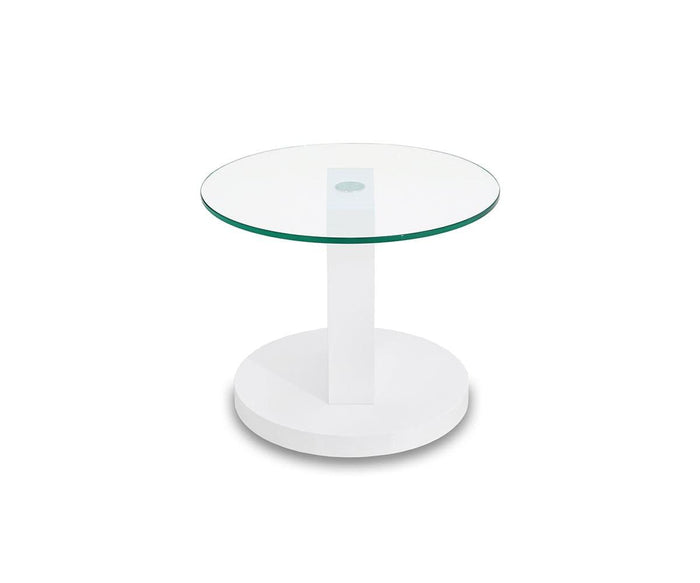The Adria End Table is a round glass-top table with a sleek glass tabletop, supported by a single white cylindrical pedestal base and a matching white circular bottom platform, exemplifying contemporary design and presented against a plain white background.