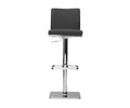 The Alma Adjustable Counter and Bar Stool in BLACK features a contemporary design, with a padded seat and backrest, chrome base, footrest, and a lever for height adjustment. Shown from the front against a white background, this modern stool is perfect for any chic interior.