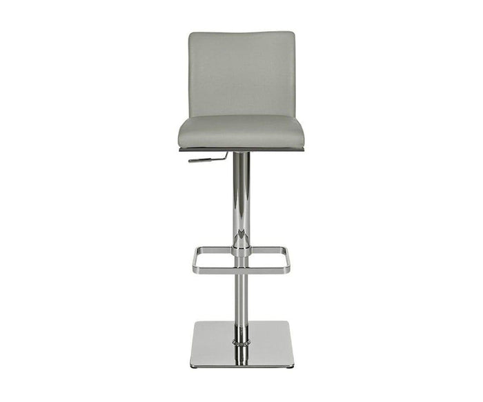 The Alma Adjustable Counter and Bar Stool features a modern design with a square chrome base, integrated footrest, and a convenient lever for height adjustment. Its cushioned seat and backrest are upholstered in grey material, providing both comfort and contemporary style.