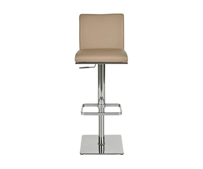 Introducing the Alma Adjustable Counter and Bar Stool in LATTE, featuring a contemporary square padded seat and backrest, a sleek chrome metal base with footrest, and an adjustable height lever. This modern stool is shown against a plain white background.