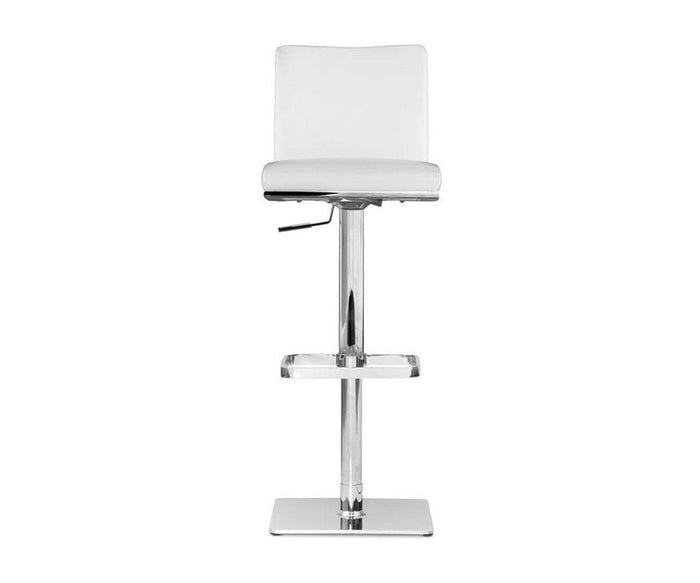 The Alma Adjustable Counter and Bar Stool in WHITE is shown facing forward against a plain white background, featuring a padded seat, chrome base with footrest, height lever, and modern design.