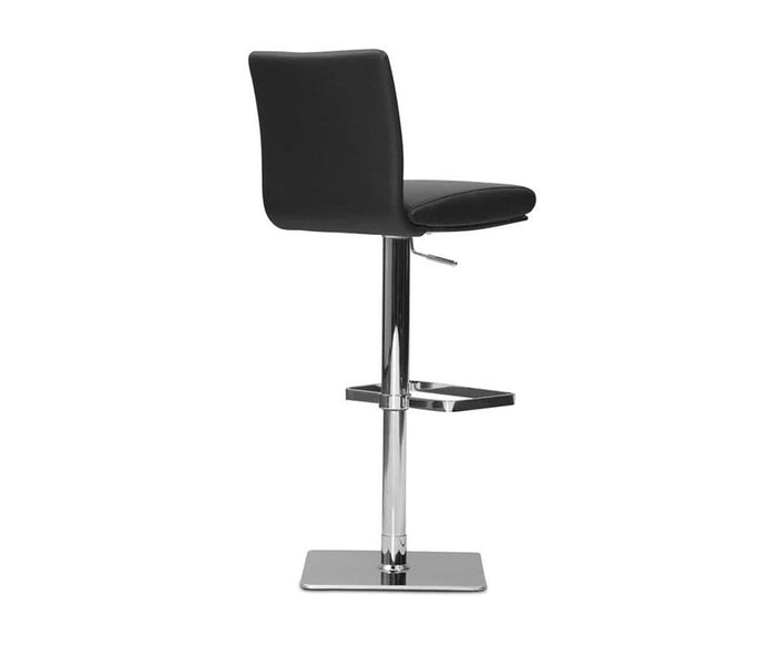 The Alma Adjustable Counter and Bar Stool is a modern black bar stool with a padded seat and backrest, featuring a contemporary design with a chrome adjustable base, square footrest, and flat square metal stand, shown in profile against a white background.