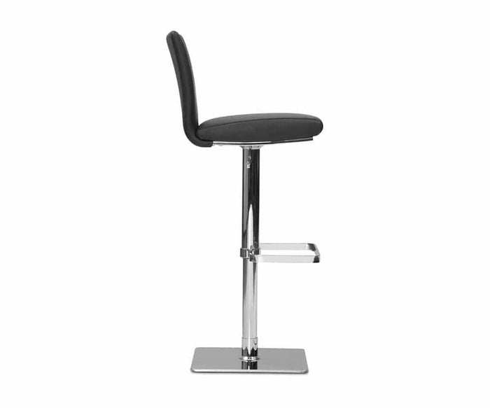 The Alma Adjustable Counter and Bar Stool, shown from the side against a white background, features a modern black design with a padded seat and backrest, chrome base, footrest, and sleek contemporary style.