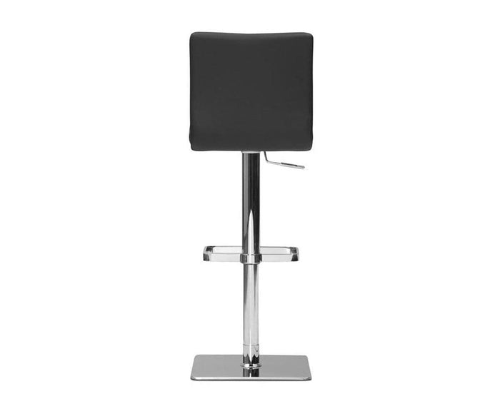 The Alma Adjustable Counter and Bar Stool features a modern design with a black rectangular backrest and padded seat, supported by a chrome metal base complete with footrest and height adjustment lever. Shown from the back against a white background, its sleek build emphasizes contemporary style.
