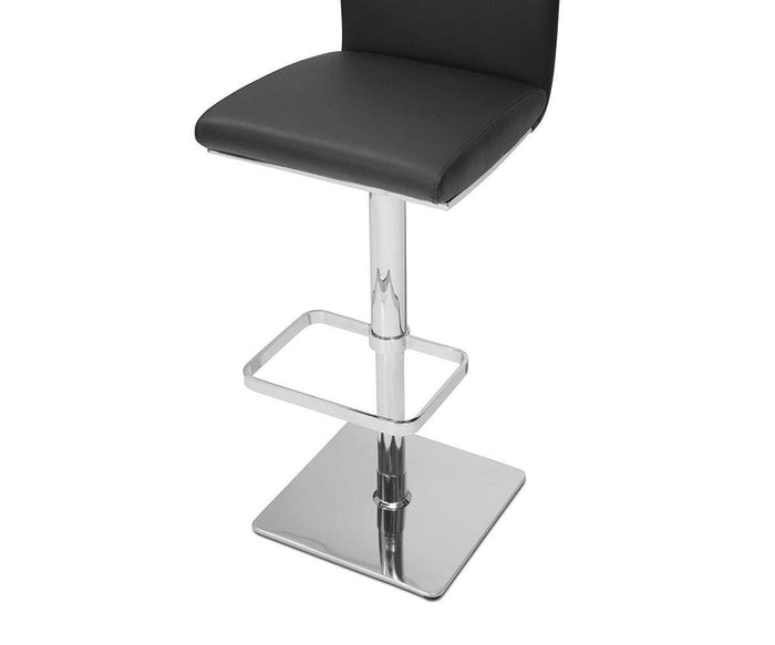 An Alma Adjustable Counter and Bar Stool is shown, displaying its sleek chrome metal base, flat square pedestal, and footrest. The visible lower half hints at its modern, contemporary design with a black padded seat and backrest.