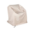 An Amar Dining Chair Cover in beige is draped over a chair, fully concealing its shape. The all-season cover is crafted from lightweight, water-resistant fabric and features a drawstring at the bottom for secure placement.