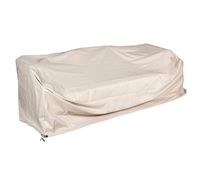 The Amar Sofa Cover, in beige, is a water-resistant protector designed for rectangular outdoor sofas, featuring slight wrinkles and drawstrings at the bottom corners for a secure fit—perfect for all-season use.