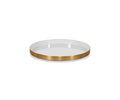 The Ambra Tray, featuring a round design in Ambra Oyster with a striking metallic gold rim and displayed on a plain white background, adds an elegant accent to any setting.