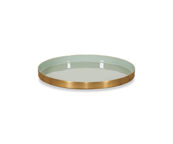 The Ambra Tray features a round enamel design with a glossy Ambra Green base and a metallic gold rim, displayed on a white background, making it an elegant accent for any space.
