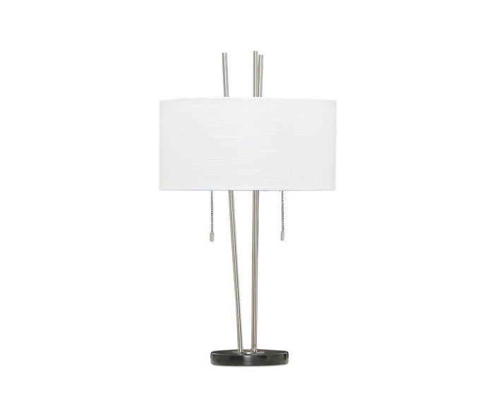 The Anderson Table Lamp is a modern table lamp in a sleek steel finish, featuring a crisp linen drum shade, metal rods forming the base, dual pull chains, and a stylish round base—all set against a plain white background.
