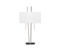 The Anderson Table Lamp is a modern table lamp in a sleek steel finish, featuring a crisp linen drum shade, metal rods forming the base, dual pull chains, and a stylish round base—all set against a plain white background.