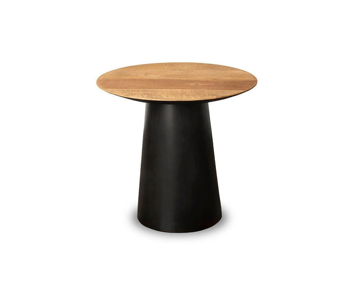 The Andor End Table is a round wooden pedestal end table featuring a natural reclaimed teak top and a wide, black, cone-shaped base. This mid-century piece is shown centered against a white background.