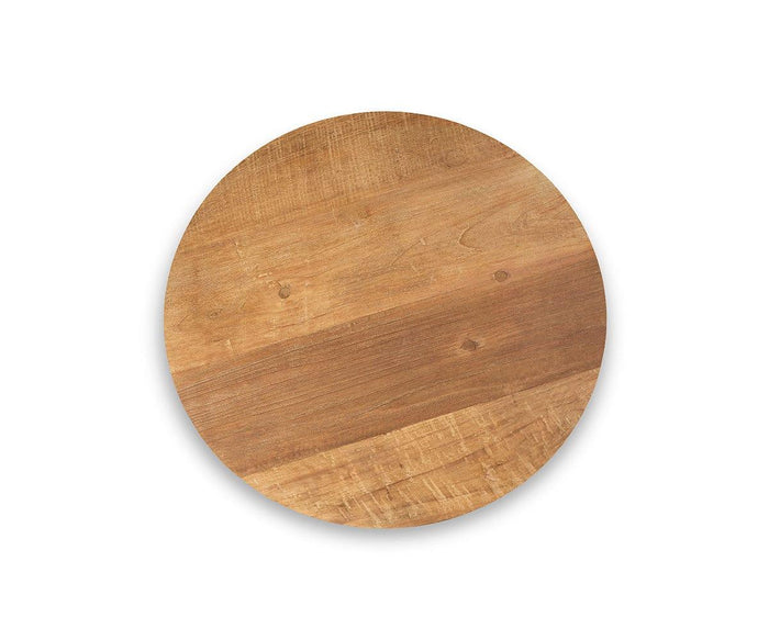 The Andor End Table, crafted from reclaimed teak with a natural finish and featuring a round design, is displayed against a white background.