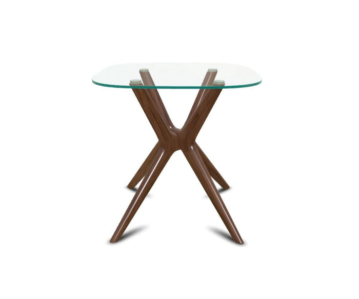The Ardal End Table features a sleek clear glass top and a distinctive X-shaped base made from European beech wood in a walnut stain, displayed against a white background.