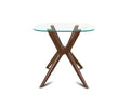 The Ardal End Table features a sleek clear glass top and a distinctive X-shaped base made from European beech wood in a walnut stain, displayed against a white background.