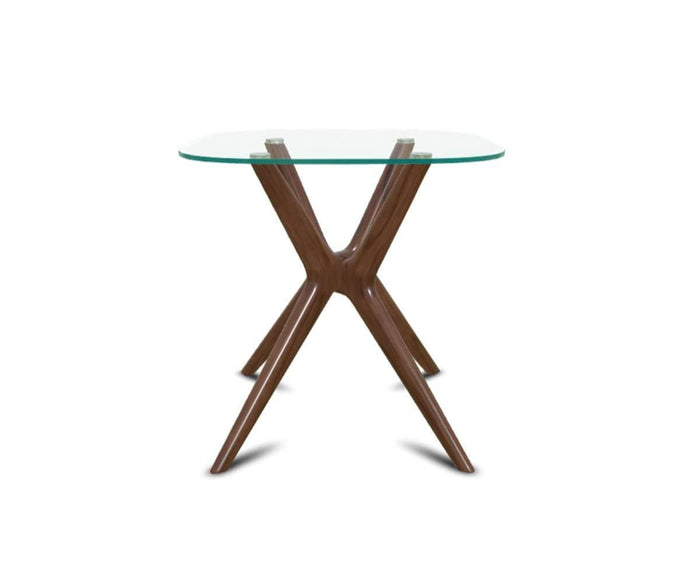 Introducing the Ardal End Table—a modern piece featuring a clear glass top and a sturdy wooden base crafted from premium European beech wood. Four angled legs intersect at the center, creating a striking silhouette inspired by mid-century dining table design. Shown against a white background, the Ardal End Table seamlessly blends timeless style with contemporary elegance.