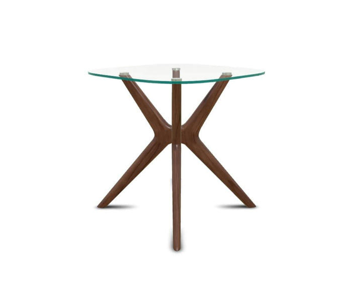 The Ardal End Table features a modern triangular glass top supported by three angled legs crafted from European beech wood, forming a stylish tripod base. With its clean lines and natural materials, this end table captures the timeless charm of mid-century design and stands out elegantly against a white background.