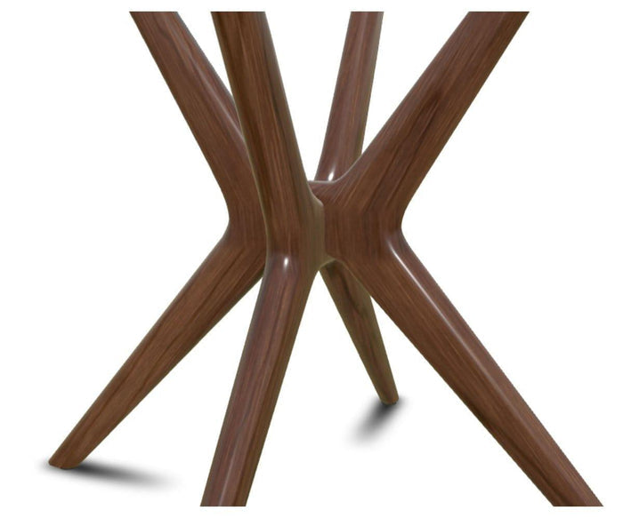 Close-up of the Ardal End Table’s modern wooden base with four angled legs meeting at the center, highlighting smooth finishes and natural wood grain against a white background—crafted from premium European beech wood, this piece brings the elegance of mid-century design to life.