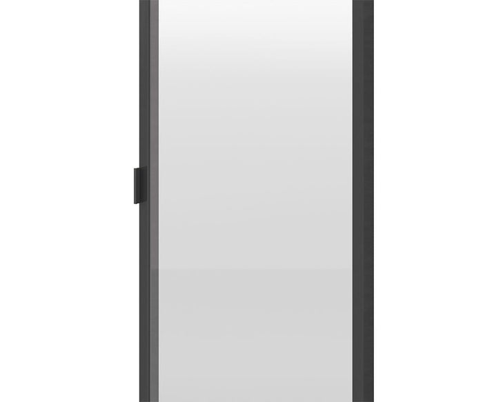 A tall, rectangular glass door with a dark frame and a small vertical handle on the left side, reflecting the elegant design of the Arren High Bookcase Single Glass Door. The door is closed against a plain white background.