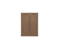 A front view of the Arren Low Bookcase With Doors, a tall, rectangular cabinet in walnut melamine with two vertical doors and two horizontal black handles positioned at the top of each door, set against a plain white background. This eco-friendly bookcase combines modern style with sustainable materials.