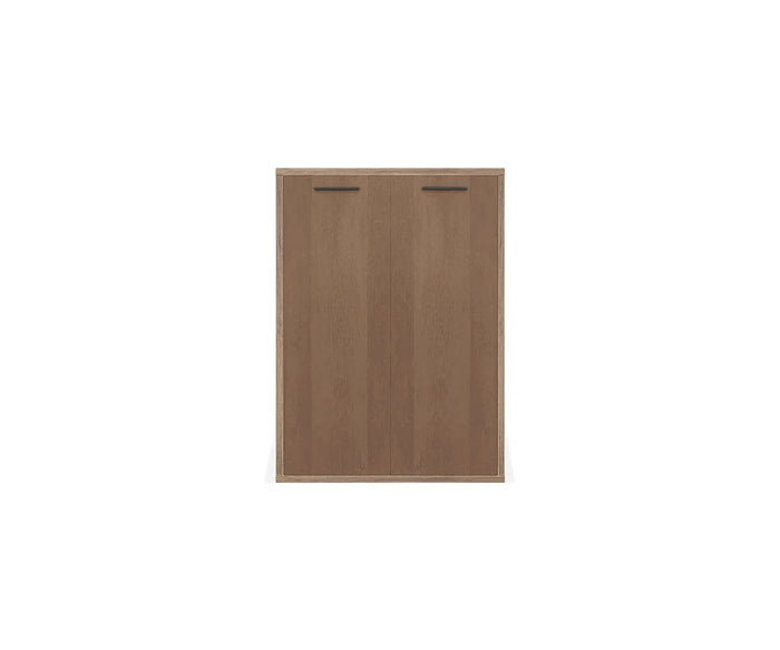 A front view of the Arren Low Bookcase With Doors, a tall, rectangular cabinet in walnut melamine with two vertical doors and two horizontal black handles positioned at the top of each door, set against a plain white background. This eco-friendly bookcase combines modern style with sustainable materials.