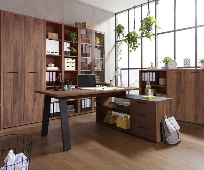 Modern office with large windows, wooden furniture including a sleek Arren Low Bookcase With Doors in walnut melamine, shelves with files and boxes, hanging plants, a desk with a laptop, water bottle, and a gray backpack on the floor. Natural light brightens the eco-friendly bookcase and the entire space.