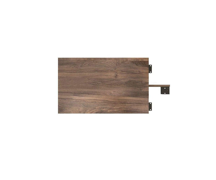 A rectangular Arren Return Desk featuring a dark brown wood grain pattern and two black metal brackets attached to one side, made in Italy, isolated on a white background.