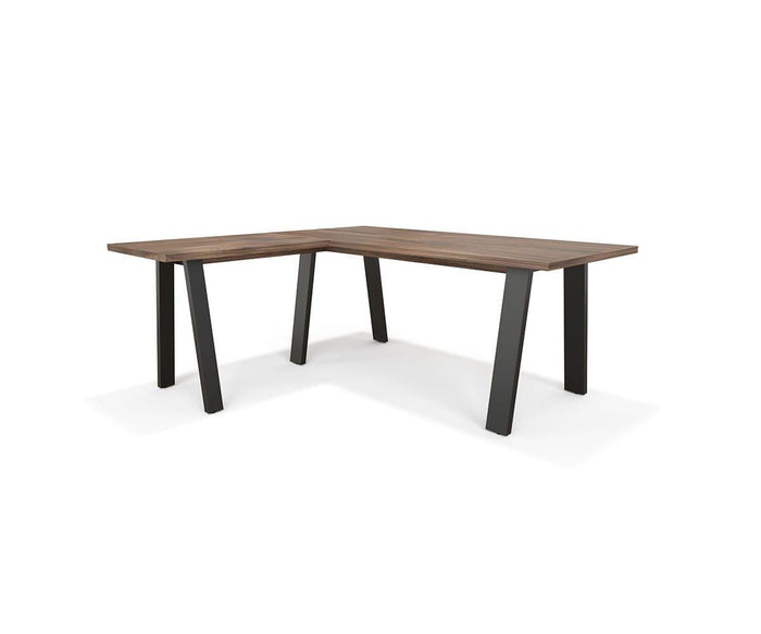 Arren Return Desk featuring an eco-friendly L-shaped design with a dark brown top and four black angled legs, displayed against a plain white background.