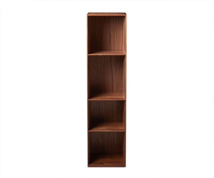 The Asua 47″ Hanging Bookcase in Walnut is a tall, narrow wooden bookshelf featuring four shelves that are each offset to the left or right, evoking the modern elegance of a wall-mounted design. Shown empty against a plain white background, its rich walnut veneer finish highlights the contemporary style.