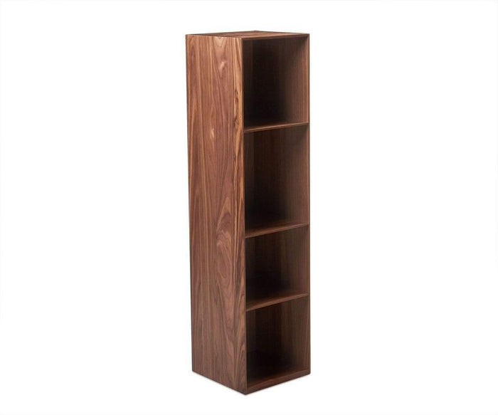 The Asua 47″ Hanging Bookcase is a tall, rectangular bookshelf featuring four open shelves and finished in a natural, medium-brown walnut veneer with visible grain patterns. Its warm tones and elegant design stand out against a plain white background.
