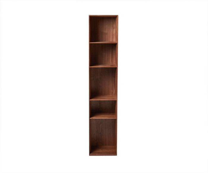 The Asua 59″ Hanging Bookcase in Walnut is a tall, narrow wooden bookshelf with a rich walnut finish, featuring five shelves arranged in a zigzag pattern and positioned against a plain white background.
