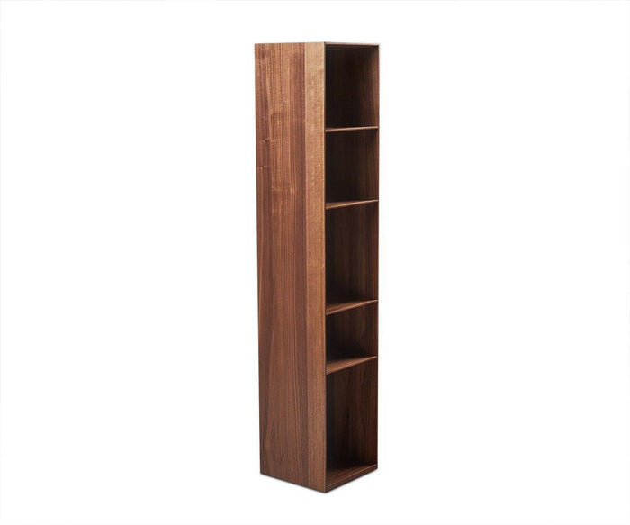 The Asua 59″ Hanging Bookcase is a tall, narrow wooden bookshelf featuring five open shelves and a rich walnut veneer, shown standing upright against a plain white background.