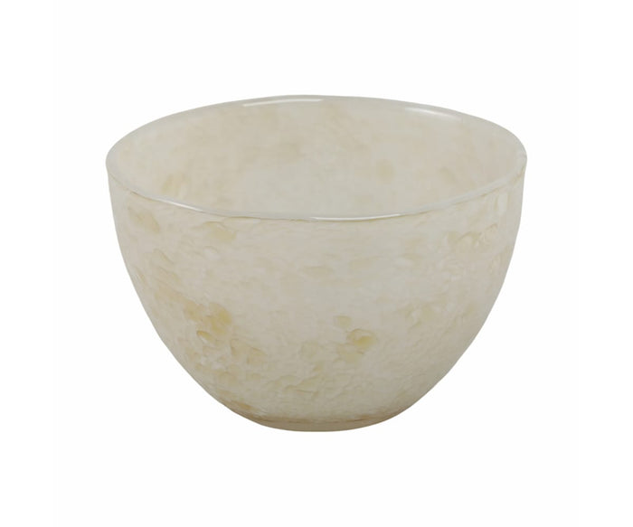 Introducing the Aurora Bowl: a small, round, translucent bowl in a cream hue with a subtle marbled texture, set against a plain white background—an elegant centerpiece designed to effortlessly enhance your interior ambiance.
