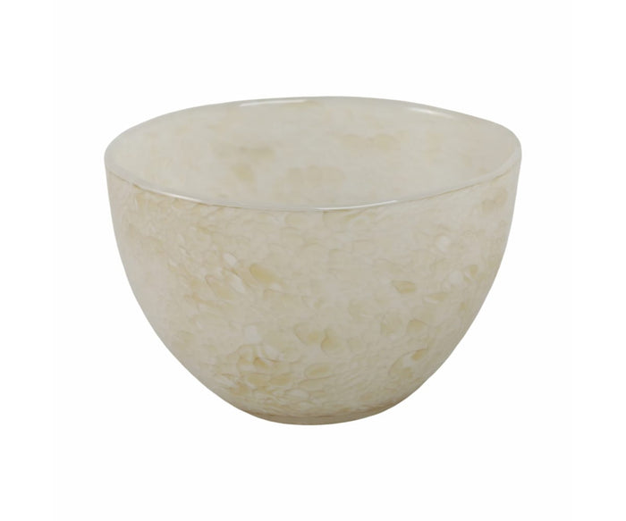 An elegant Aurora Bowl, round in shape and cream-colored with a textured surface and glossy finish, serves as a sophisticated centerpiece that elevates any interior décor, beautifully showcased against a white background.