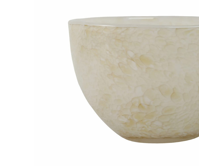 A close-up of the Aurora Bowl, cream-colored and textured with a subtle marbled pattern, is shown against a white background—perfect for enhancing your interior ambiance or serving as an elegant centerpiece.